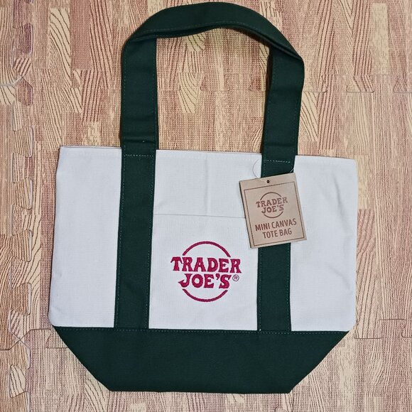 Trader Joe'S Handbags - Trader Joe's Mini Canvas Tote Bag Cream Green Straps Red Embroidery